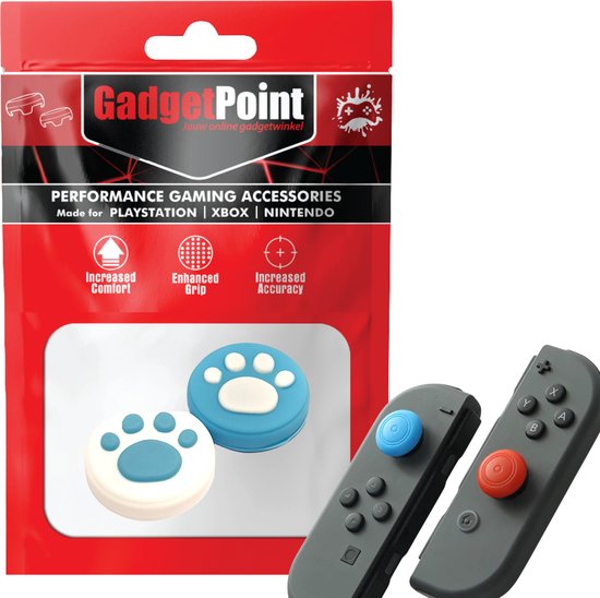 GadgetPoint verpakking met twee joystickdoppen in de vorm van pootjes, één blauw met wit en één wit met blauw, met een Nintendo Switch controller ernaast.