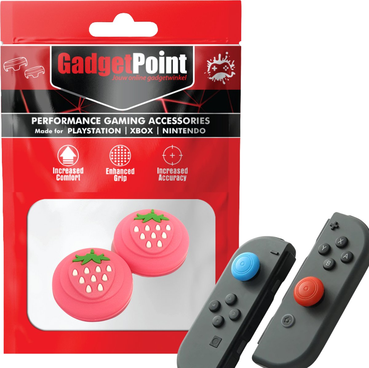 Gadgetpoint - Thumb Grips voor Nintendo Switch Joy-Con Controllers - Gaming Thumbgrips - Performance Anti-Slip Thumbsticks - Bescherming Accessoires - Aardbeien - Roze