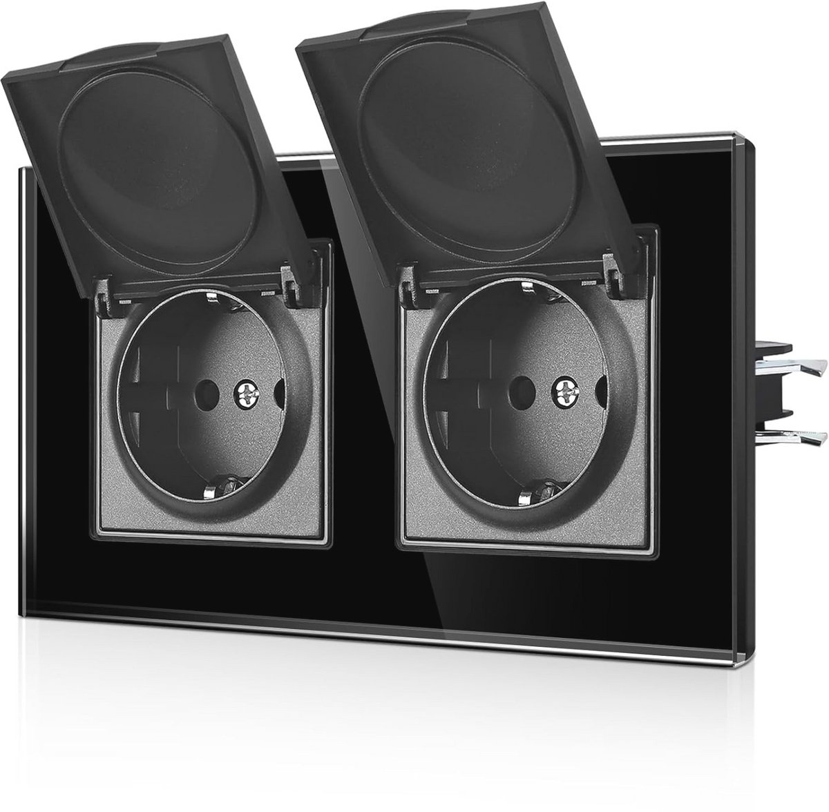 Waterdicht dubbel stopcontact met deksel - Schuko-stopcontact, tweevoudige wandcontactdoos met glasplaat, EU-standaard, inbouwstopcontact zwart
