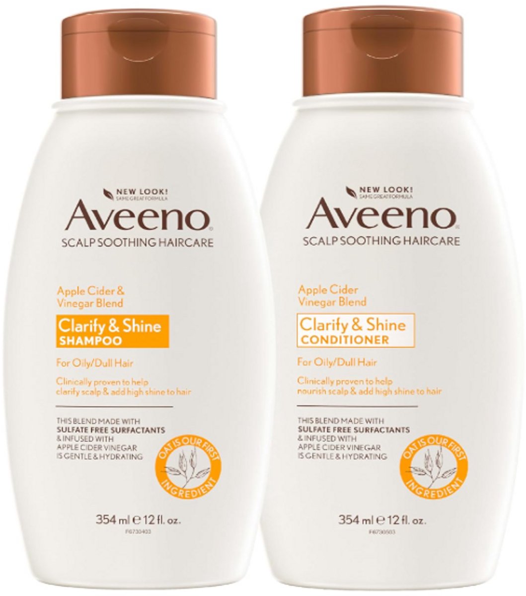 Aveeno Apple Cider Vinegar Shampoo + Conditioner Set – Haarverzorgingsbundel voor Balans & Glans – Zuiverende Shampoo & Verzachtende Conditioner – Vette & Doffe Haren (2-pack)
