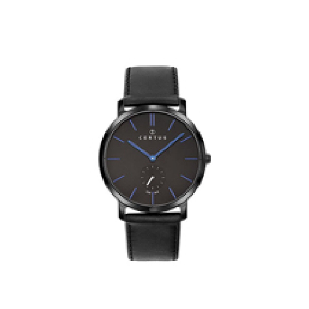 Certus-model 611062-horloge-heren-zwart-zwart leder-zwarte wijzerplaat met blauwe indexen-diameter 40 mm-5 atm waterdicht-gemaakt in Frankrijk