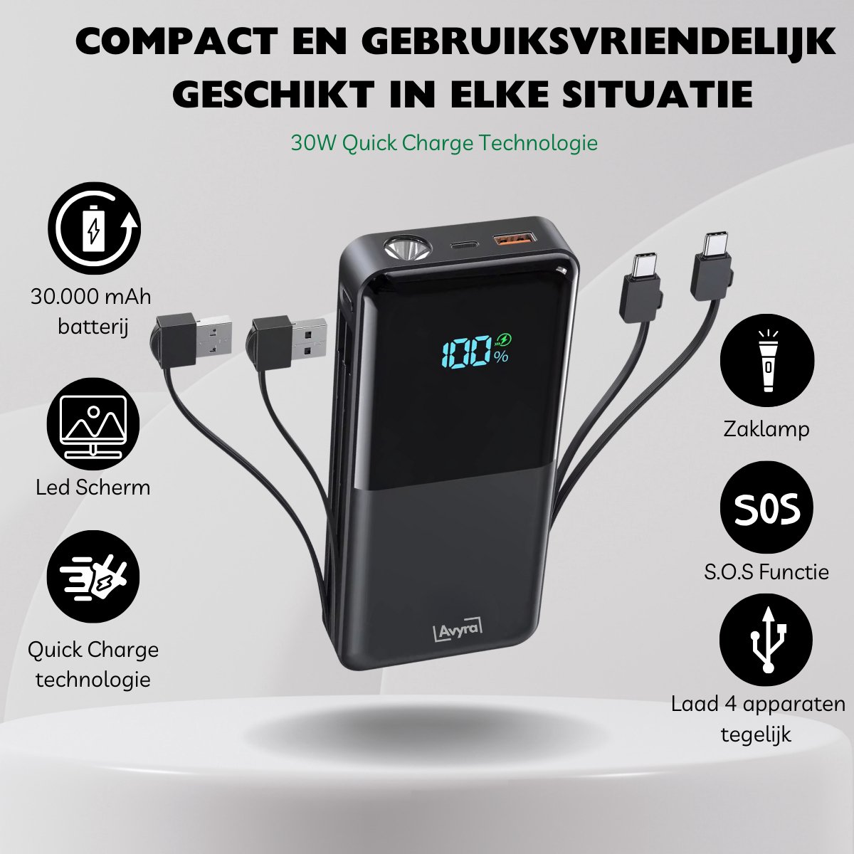 Avyra Powerbank Set 30000 mAh met Snellader en Ingebouwde - afbeelding 2