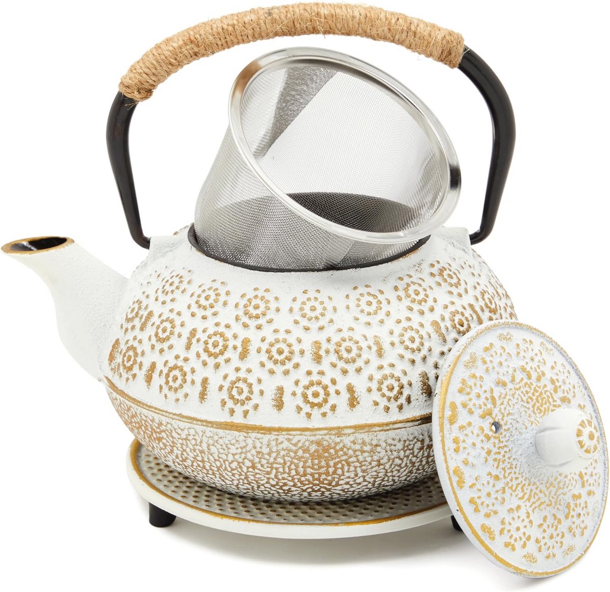 Witte Gietijzeren Theepot Japanse 800 ml met Infuser en Trivet