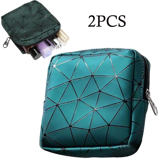 2 stuks geometrisch patroon opbergzakje voor maandverband, waterdichte draagbare cosmetica voor vrouwen voor buiten, menstruatietas voor vrouwen, opbergtas voor maandverband, draagbare tas voor maandverband, kleine make-uptasjes (groen)