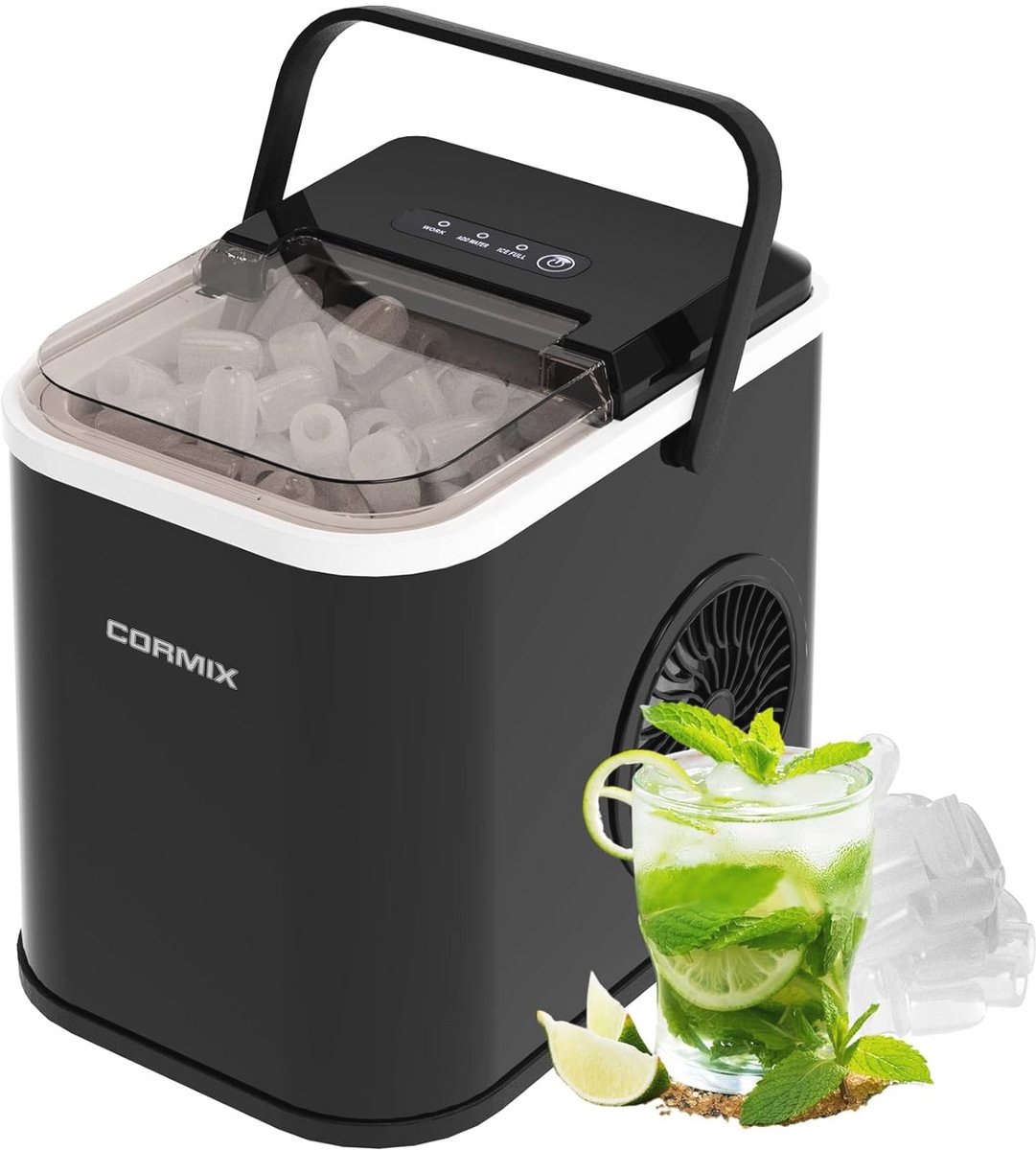 IJsblokjesmachine, 120 W, klein, 8 ijsblokjes in 6 minuten, 12 kg/24 uur, ijsmaker met infraroodsensor en zelfreiniging voor keuken, kantoor, bar en feest
