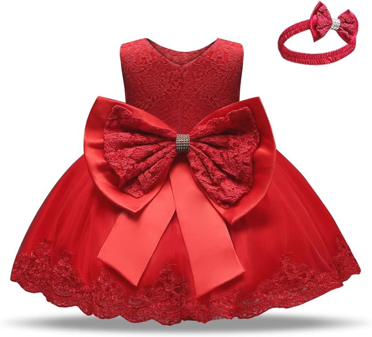 Baby Doopjurk Kant Jurk Strik Prinses Baby Meisje Feestjurk met Hoofddeksels Peuter Meisje Formele Bruiloft Verjaardagsjurken Prom Jurken voor Kinderen