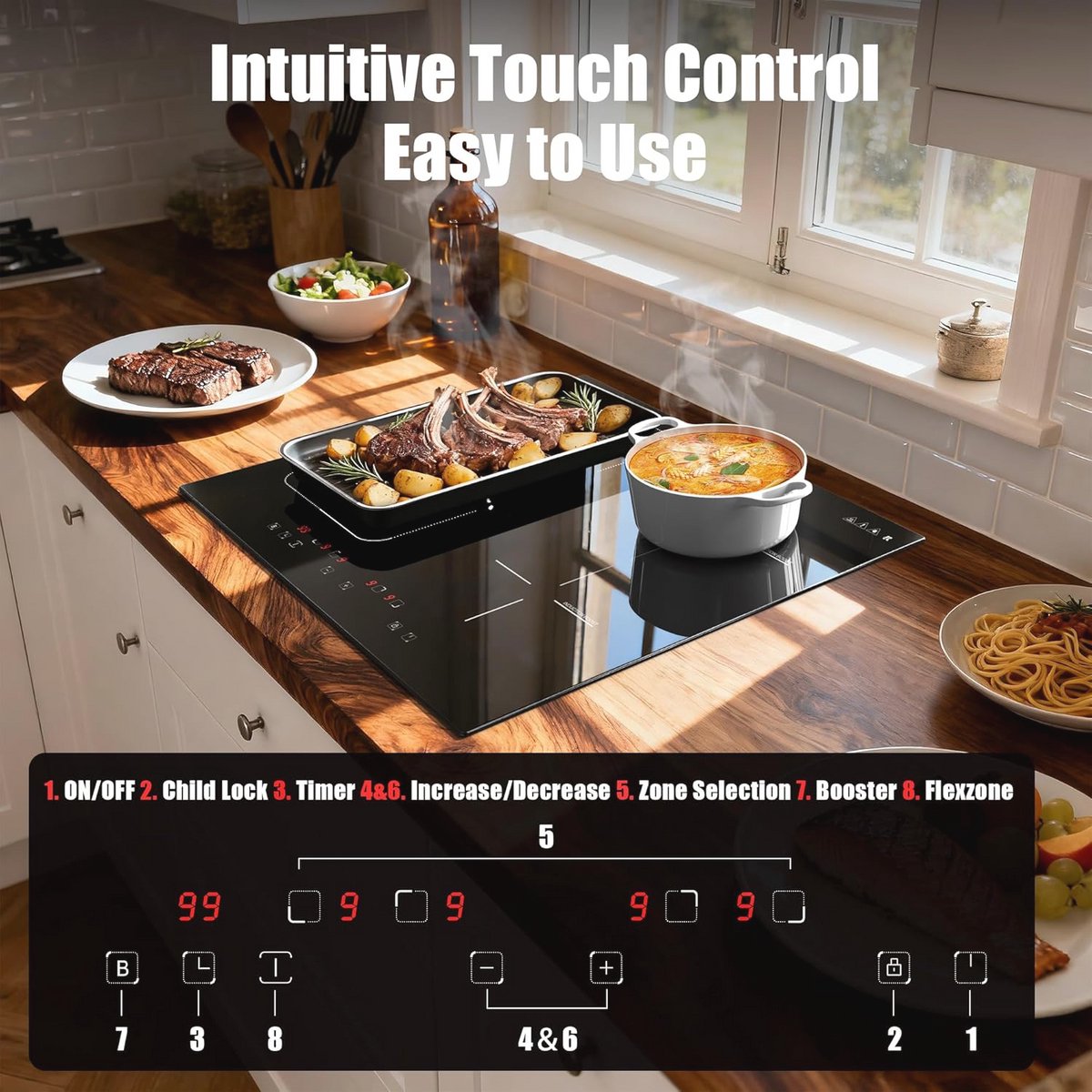 Inductiekookplaat 4 Zones met Flexzone en Touchscreen - 60 cm - Veiligheidsvergrendeling en Timer