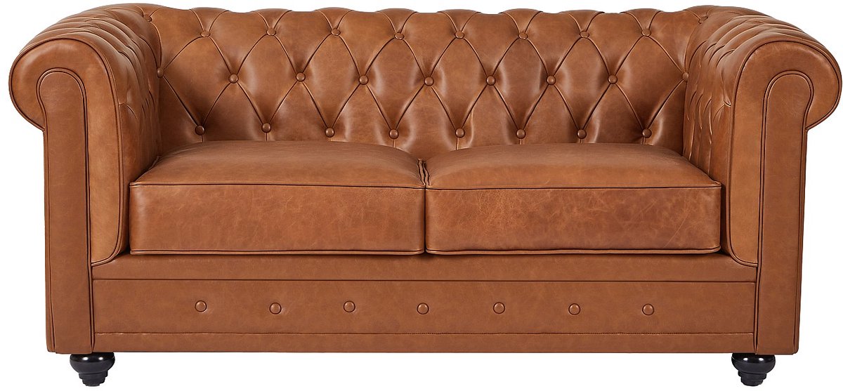 Vente-unique Tweezitsbank van camelkleurig vaarsleer CHESTERFIELD
