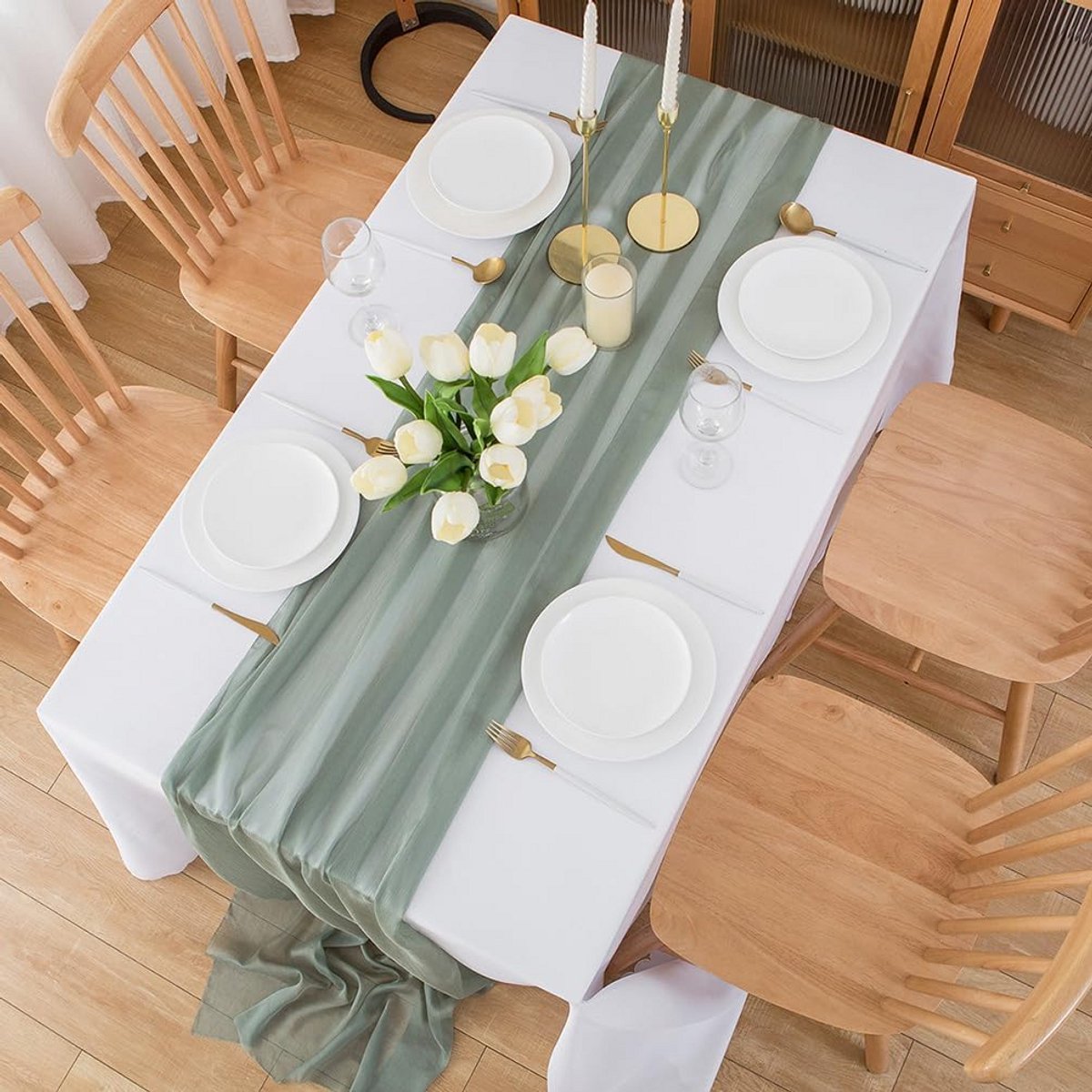 Lange Tafelloper Chiffon Mintgroen Saliegroen voor Bruiloft of Feest 70x400 cm