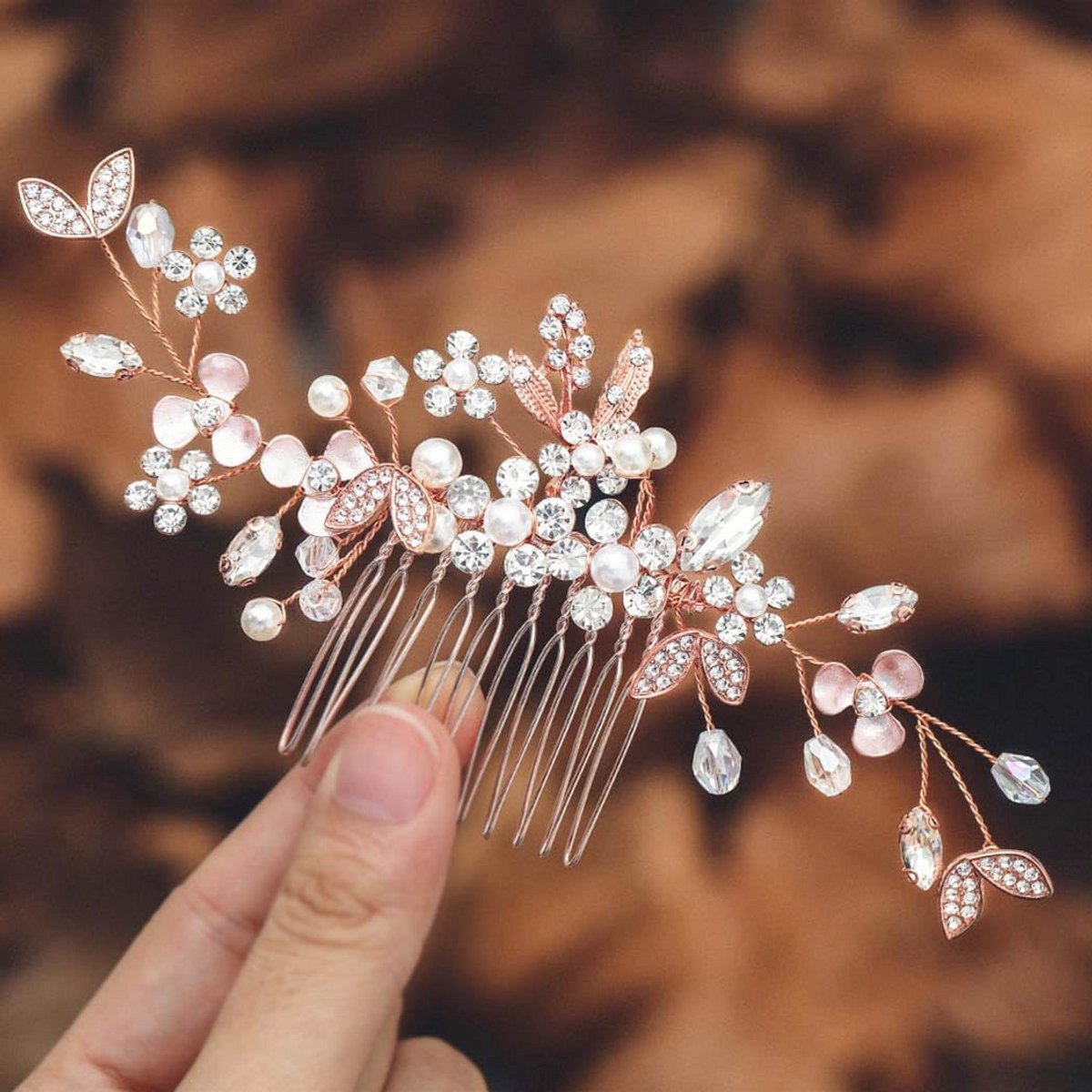 Kristallen Bruid Haarkam met Parel en Blad - Rose Goud Haaraccessoires voor Bruiloften