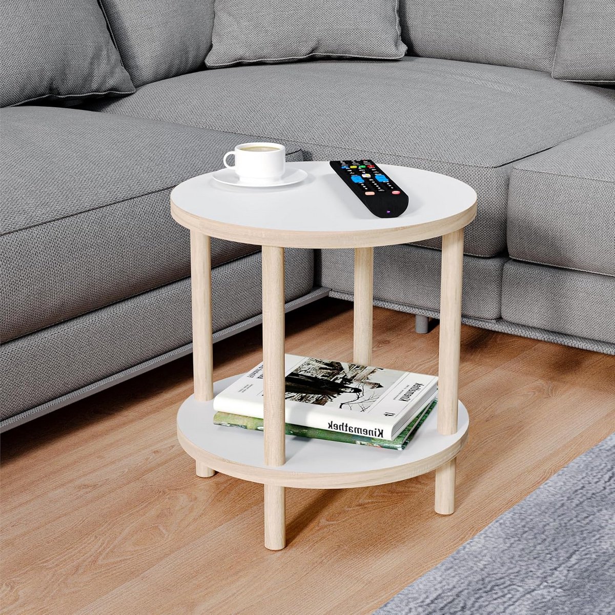 Ronde bijzettafel van hout met 2 planken en eenvoudige montage - Ø 42,5 cm