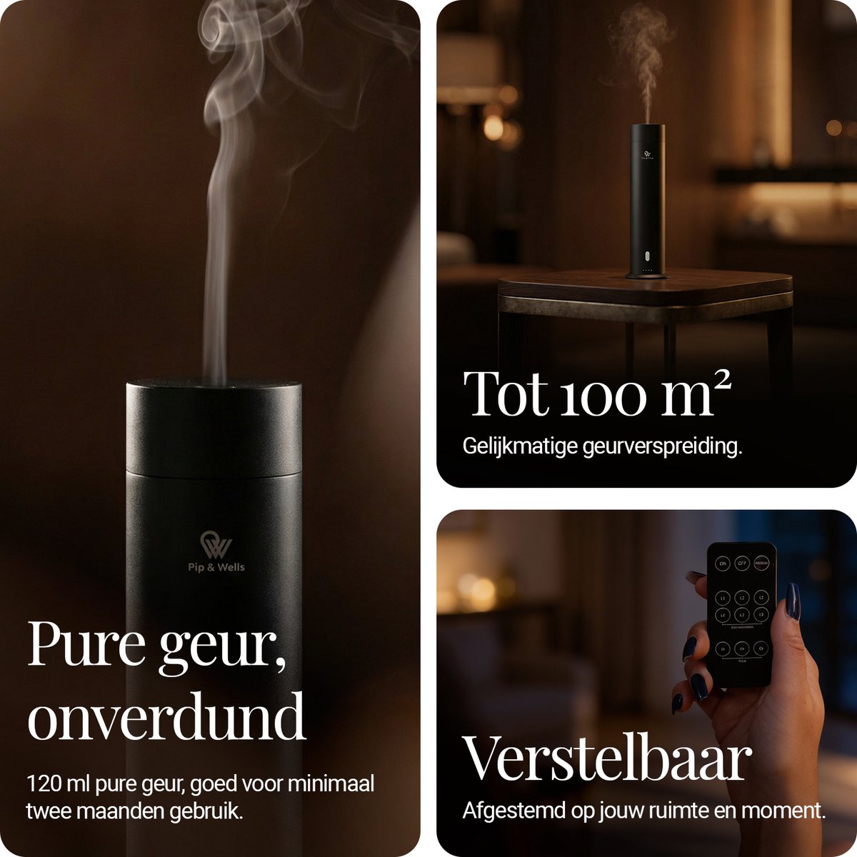 Pip & Wells® Pure One Aroma Diffuser - Waterloze Geurverspreider met 3 Hotelgeuren – Etherische Olie - 120ml per Geur – Mat Zwart - Inclusief Afstandsbediening & Oplader — cadeau in Wonen & Interieur - foto 4