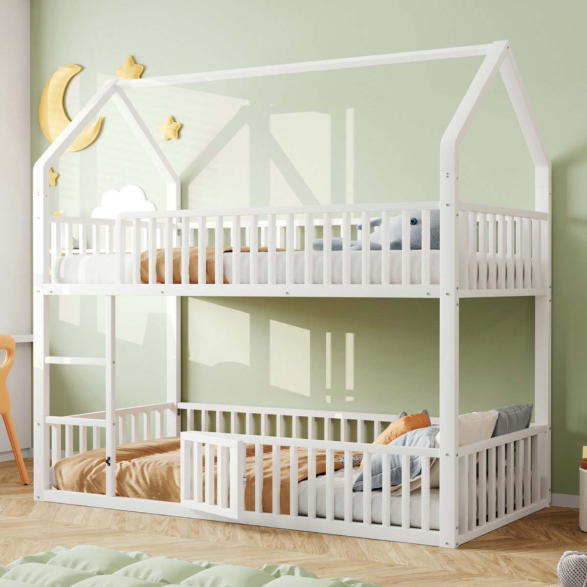 VVBV Metalen hoogslaper 90 x 200 cm met ladder, Kinderbed stapelbed met zijhekken, onderste bed met kleine deur om te openen en te sluiten, wit