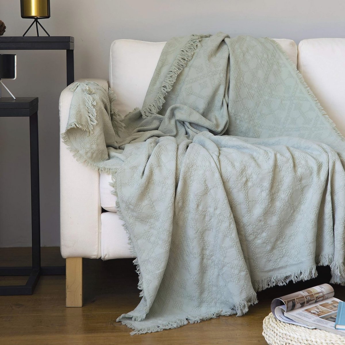 Rustieke katoenen plaid deken met franje - Zacht warm voor slaapbank - 50 x 65 inch - Saliegroen