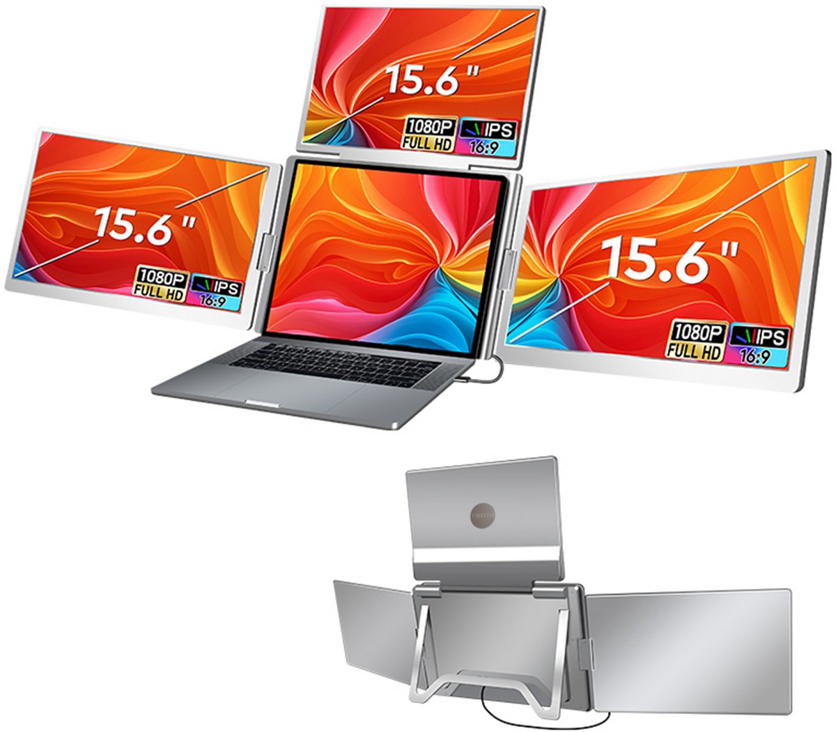 Virello®OneCable 15.6’’ - Portable Quad Monitor - Inclusief Beschermhoes - Draagbaar Beeldscherm - Draagbare Monitor - Full HD - IPS - Grijs