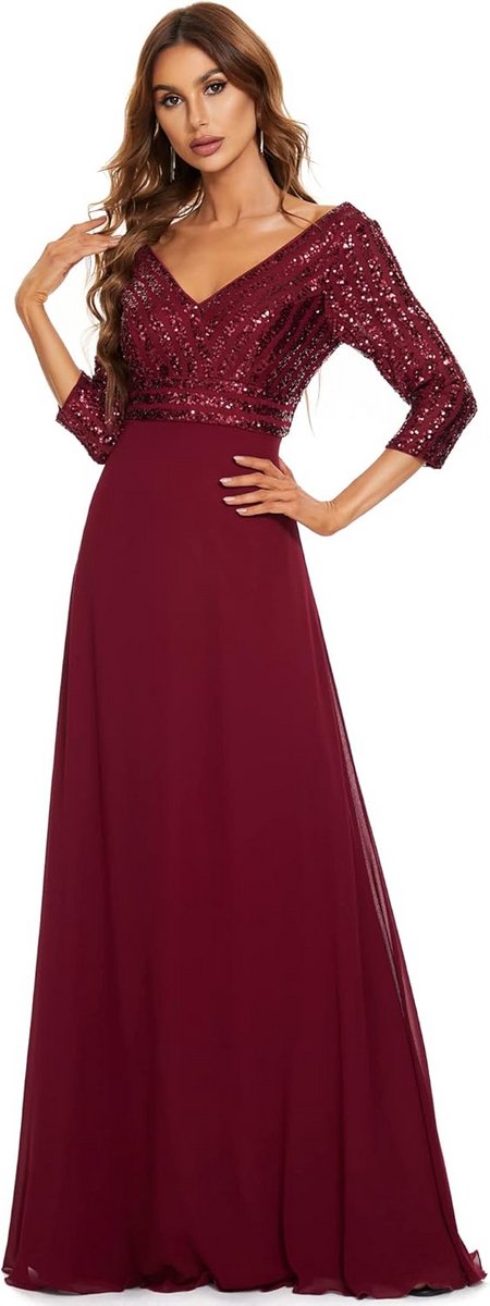 Elegante Lange Avondjurk Chiffon met Pailletten V-hals en Halve Mouwen voor Feest en Gala