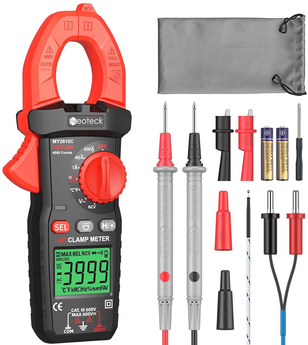 Digitale Stroommeter Multimeter met Tang - 600A True RMS | AC/DC Tester voor Elektriciens en Zonne-energie