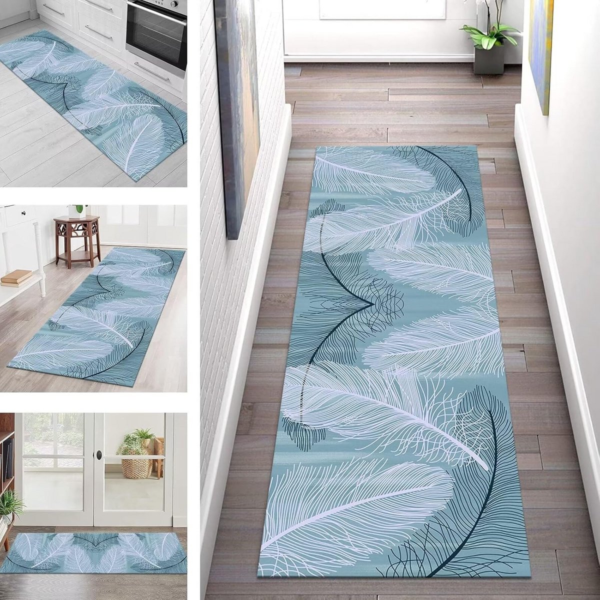 Wasbare Anti-slip Vloerkleed Loper voor Keuken, Gang en Woonkamer - Blauw Wit Abstract Pat