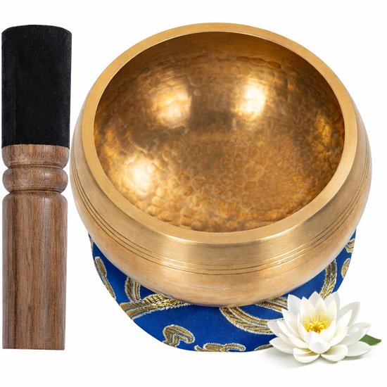 Tibetaanse Klankschaal - Blauw - Klank schaal set uit Tibet - 8 cm - Inclusief Aanstrijkhout & Kussen - Meditatie, Yoga, Chakra - Klankschaalset - Singing bowl geschenkset met klopper