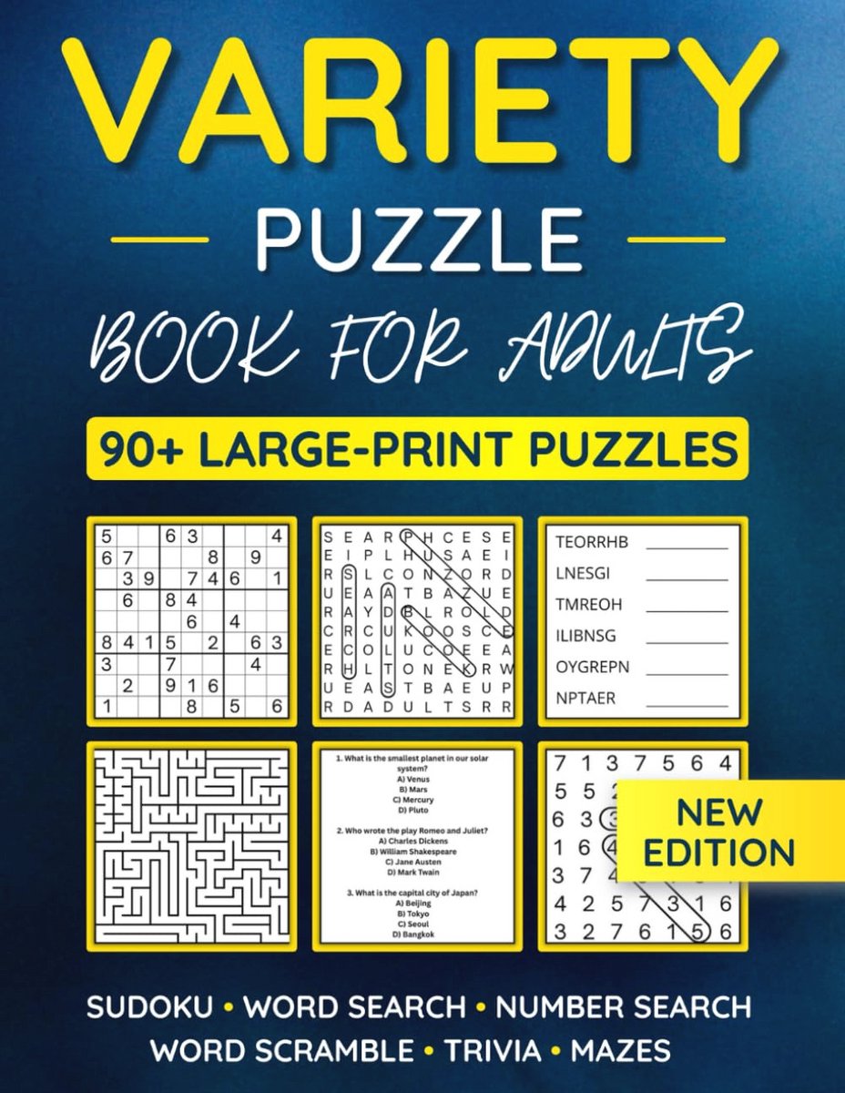 Grootformaat Puzzelboek voor Volwassenen: 90+ Puzzels, Woordzoeker, Sudoku, Trivia en Meer