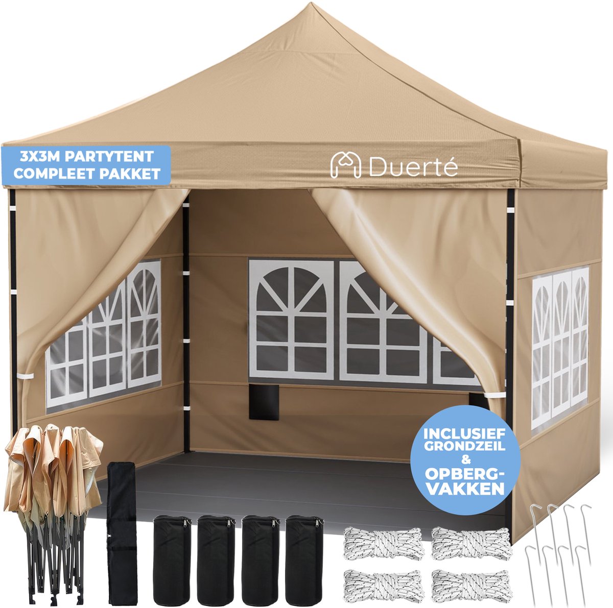 Duerté Luxe Partytent Opvouwbaar met Vloer en Opbergvakjes - Tuinpaviljoen Evenementen tent 3x3 m Waterdicht Easy Up Met Zijwanden - Beige
