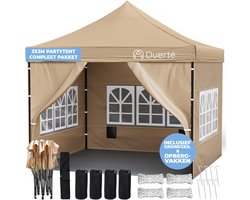 Duerté Luxe Partytent Easy Up Opvouwbaar met Vloer en Opbergvakjes - Tuinpaviljoen Evenementen tent 3x3 m Waterdicht Met Zijwanden -Beige
