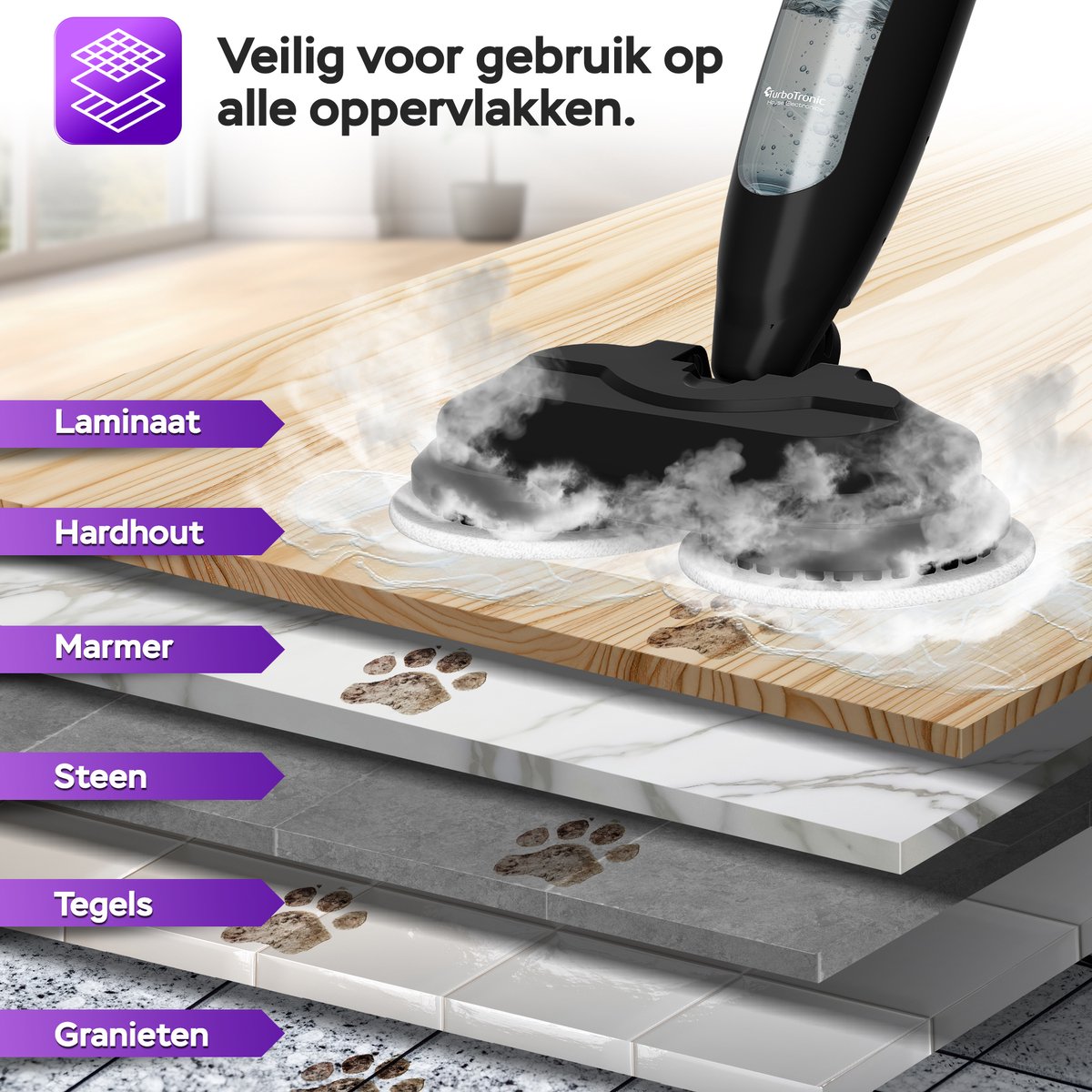 TurboTronic AquaVac AQV700 Stoomreiniger Vloer – Elektrische - Dweil - Stoomdweil met Dubbele Pads – Krachtige 1200W Stoomreiniger voor Alle Harde Vloeren thumbnail 3