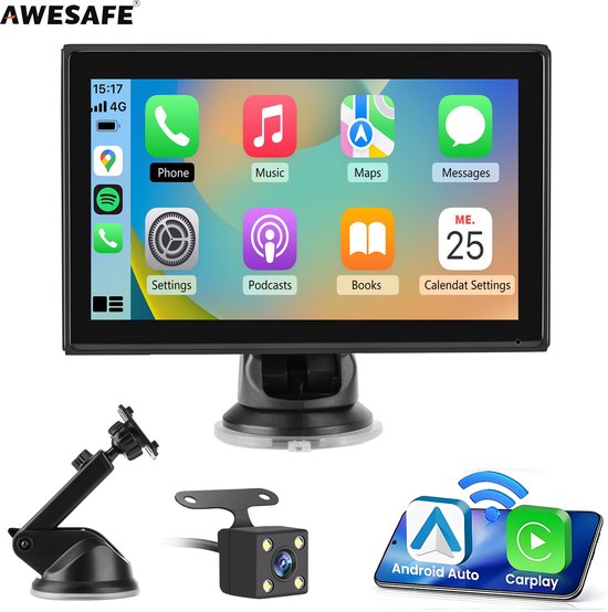 Awesafe 7 inch universeel touchscreen auto scherm met draadloos CarPlay, Android Auto, navigatie en Bluetooth