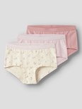 Drie hipster onderbroeken, waaronder een met roze bloemetjes op beige ondergrond.