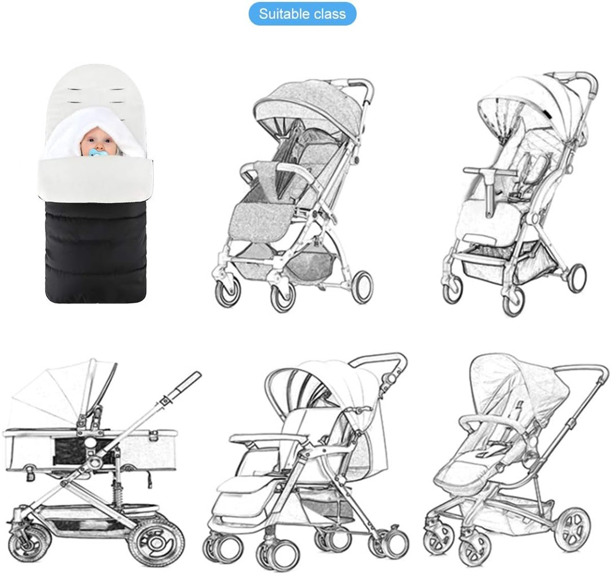 Voetenzak voor kinderwagen, universele voetenzak voor babyzitje, kinderwagen, buggy, zacht en waterdicht, kinderwagen, slaapzak, geschikt voor herfst, winter, 0-3 jaar oud, Zwart Basic – foto 4