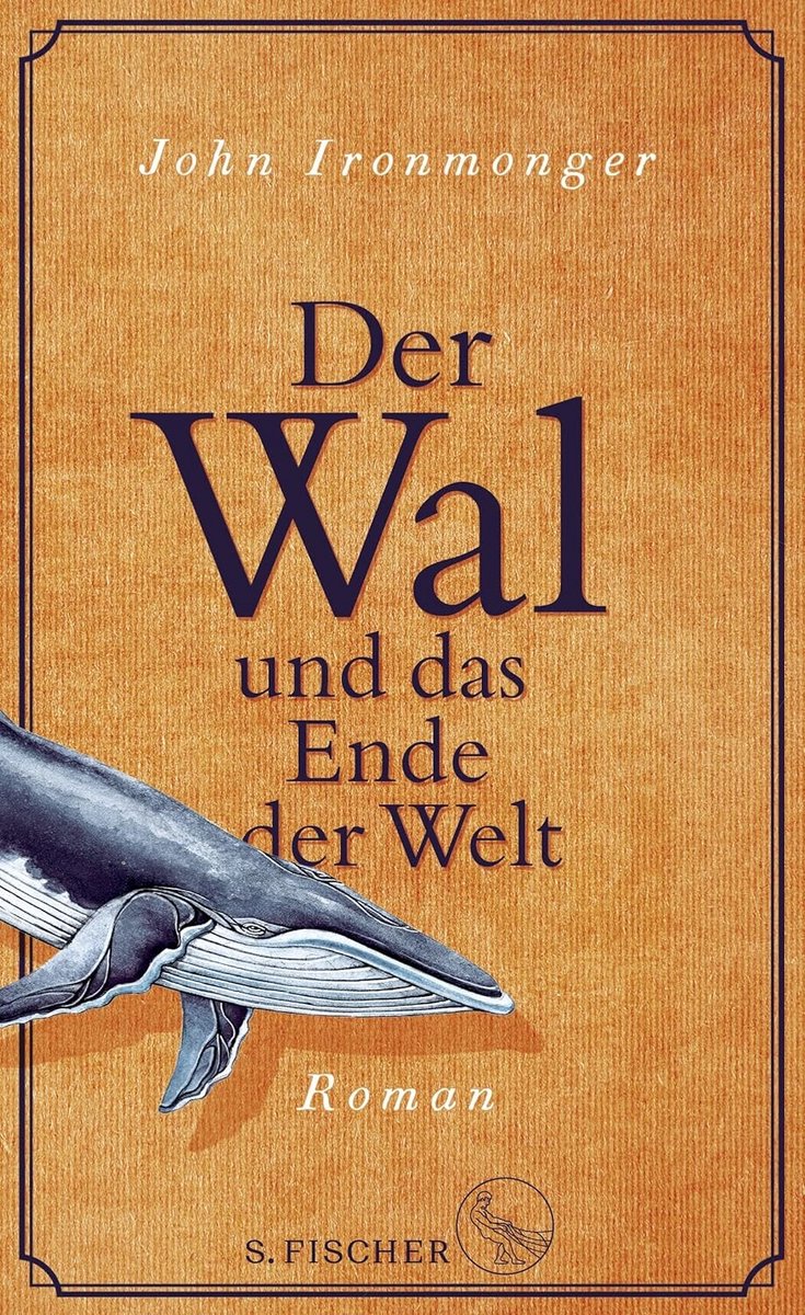 Boekcover van 'Der Wal und das Ende der Welt'. Een walvis zwemt naar de titel op een oranje achtergrond.