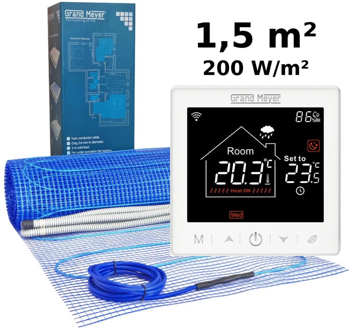Elektrische vloerverwarmingsset 1,5 m², 200 W/m² + SN-10 Wi-Fi programmeerbare thermostaat
