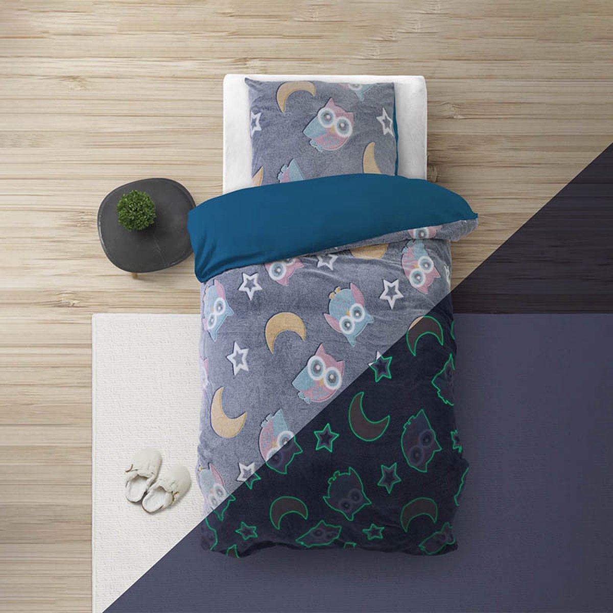 Sleeptime dekbedovertrek Glow in the dark Night Owl Blauw 135 x 200 cm