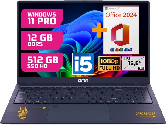 GMR Professional Laptop / 15.6 Inch Full HD Display / Intel Core i5 / 12GB DDR5 RAM / 512GB SSD / Windows 11 Pro & Office 2024 / Perfect voor Zakelijk en Studiegebruik