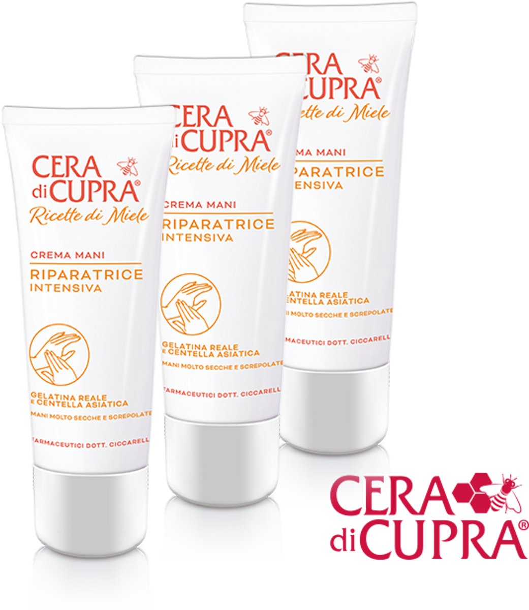 3 stuks Cera di Cupra Ricette di Miele Crema Mani Riparatrice Intensiva, inclusief tubeknijper: fijne, herstellende handcrème tegen ruwe of beschadigde handen met Koniginnegelei en natuurlijke Glycerine.