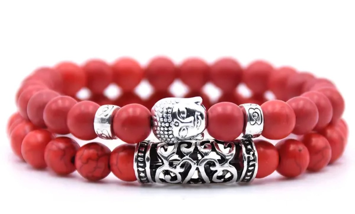 S4H® Buddha Armband 8mm – Rode Howliet Kralen – Boeddha Bracelet – Bescherming & Balans – Unisex – Elastisch – Edelsteen Armband 2-delig