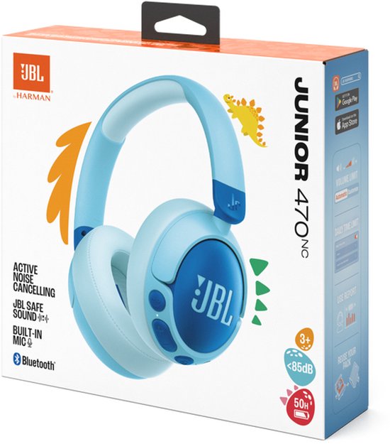 JBL Junior 470NC koptelefoon op de verpakking in lichtblauw met blauwe details en dinosaurusthema.