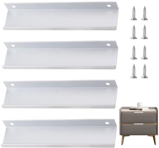 Un ensemble de 4 poignées de porte modernes et dissimulées en aluminium, convenant aux armoires, tiroirs, placards et penderies, de couleur blanche.