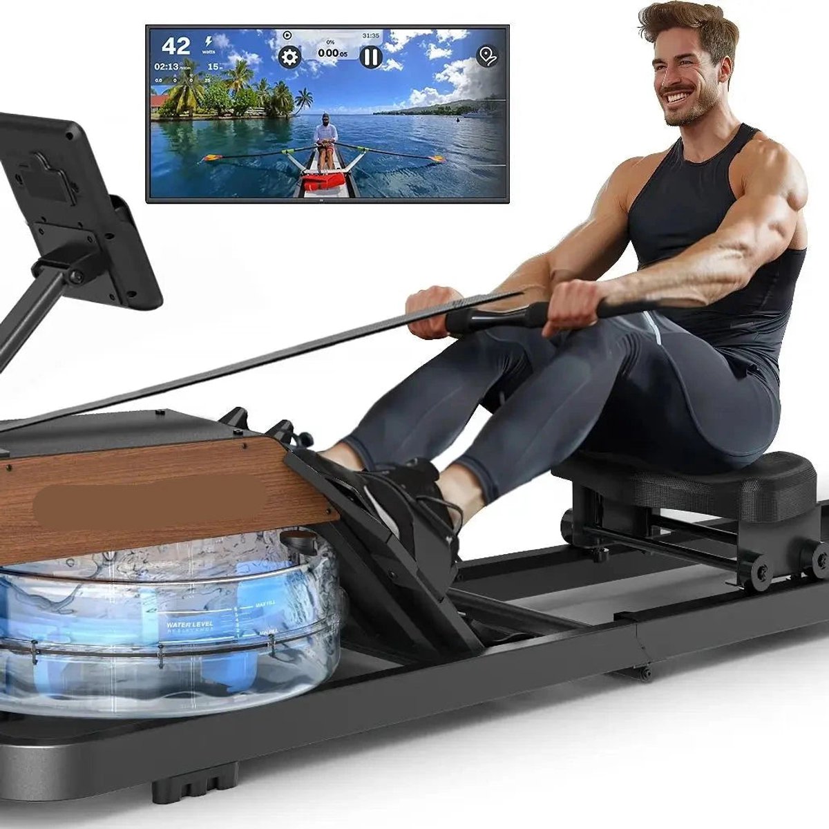 Water Roeimachine - Roeimachine - Magnetische Roeitrainer - Roeiapparaat - Opvouwbare - met Bluetooth Monitor - van Massief Hout - Ergonomisch Zitvlak - Max 160kg - 14L Watertank - Met Tablet Houder - Voor Thuisgebruik - Zwart - Water - €485,99