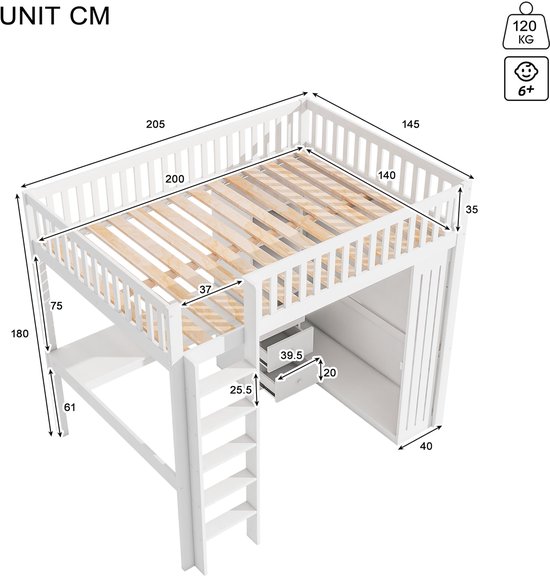 Lit mezzanine Merax 140x200 cm - avec bureau - armoire - 3 tiroirs - escalier - lit en bois avec espace de rangement - lit enfant avec bureau - Wit - sans Matras