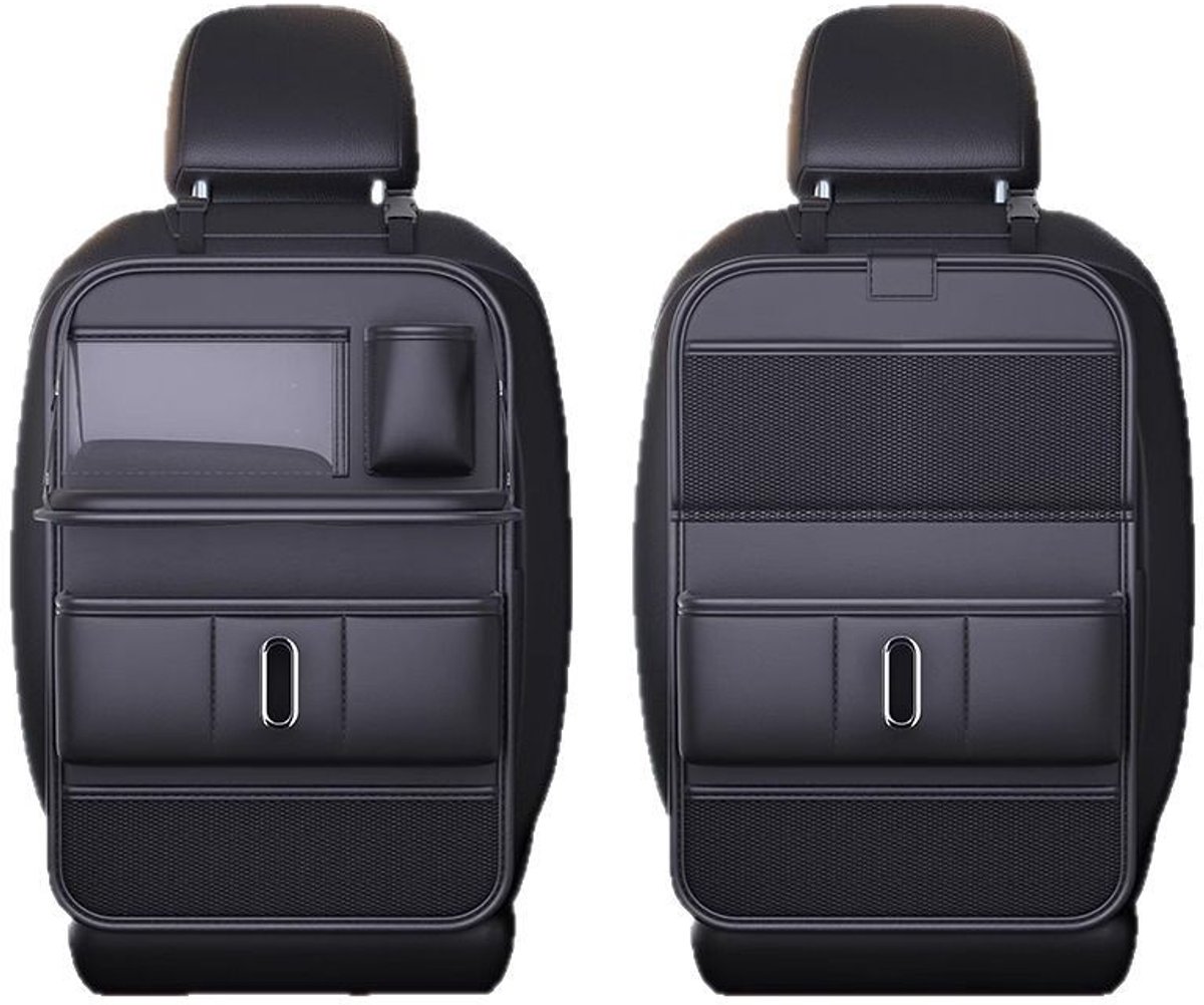 Premium PU Leren Autostoel Organizer- Auto Organizer met Tablet Houder - Auto Ipadhouder voor Kinderen - Auto Organizer met Uitklapbaar Tafel - Tray - Fleshouder - Tissuehouder - Car Organizer - Car seat organizer - Luxe Mat Zwart