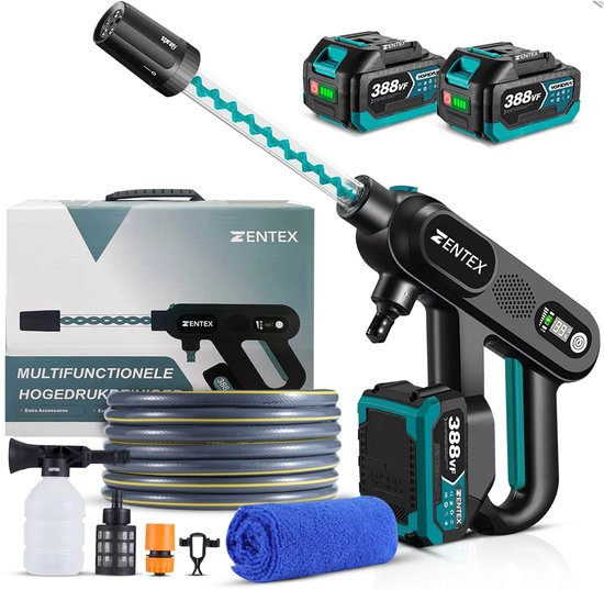 Zentex Hogedrukreiniger – Hogedrukreiniger Accu – 5-in-1 Sproeikop - Voor Auto, Tuin, Terras en Meer - Terrasreiniger - Hogedrukspuit