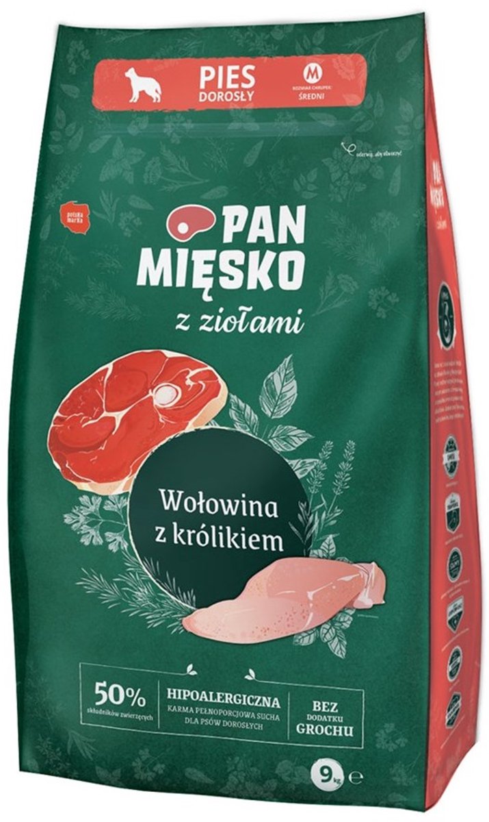 PAN MIĘSKO Pan Mięsko – Droog hondenvoer met kruiden – Rund & Konijn – Middelgrote rassen M – 9 kg – Natuurlijk & Graanvrij