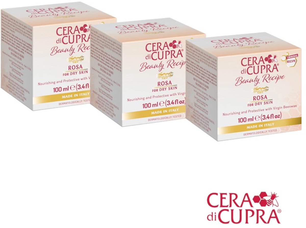 3 Stuks Cera di Cupra Rosa crème € 9,95 per stuk (pot-incl. spateltje) - De verzorgende anti-age dagcrème, met echte Cupra bijenwas, voor een perfecte, wat drogere en normale huid. Ook geschikt voor mannen, bijvoorbeeld i.p.v. after shave.