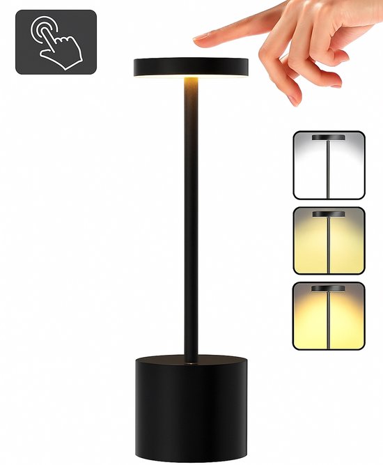 Boncy® Lampe de Table de Luxe Lampe de Bureau Rechargeable & Tactile - LED Dimmable avec 3 options de chaleur - Lampe de Bureau Industrielle Zwart Mat 35cm - Veilleuse Table Chambre Salon ou Lampe de Chevet - Adultes Bébé et Enfants - Lampes de table
