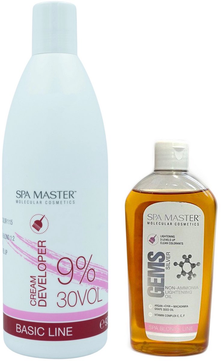 Spa Master Blondering Set – Gems Ontkleuringsolie 250ml + 9% 30VOL Cream Developer 930ml – Ammoniakvrij – Verzorgend Blonderen – Professioneel Thuisgebruik – tot 4 Tinten Oplichten – 1180ml