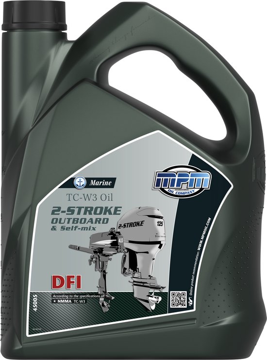 MPM Marine TC-W3 2-stroke Outboard & Self-mix DFI 5L motorolie in donkergroene fles. Vooroordeel op de voorkant: een afbeelding van een buitenboordmotor.