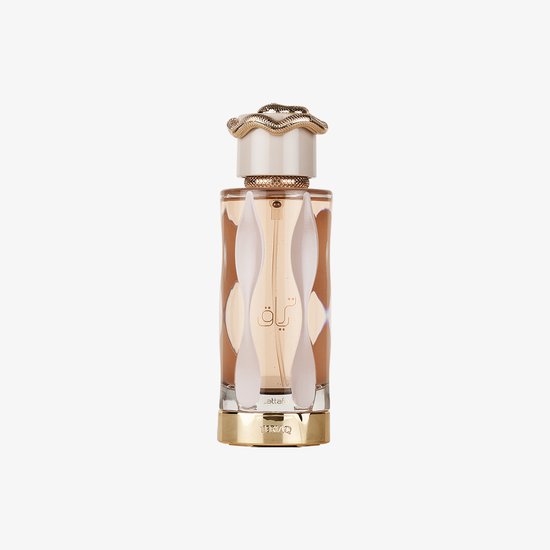 Glazen parfumfles met oranje vloeistof, witte en gouden accenten en een gouden slang-vormige dop.