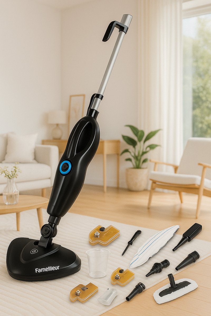 Fameilleur® 2U36-Pro – 2-in-1 Stoomreiniger & Handstomer – 1500W – Stoommop met 7 Opzetstukken – 19ml/min Stoomcapaciteit – 370ml Afneembare Watertank – Voor Vloeren, Tapijten, Glas, Badkamer & Kleding – LED-Indicator – Zwart & Goud