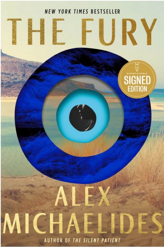 Boekcover "The Fury" van Alex Michaelides, met een gouden
titel en een grote blauwe oogvormige afbeelding.